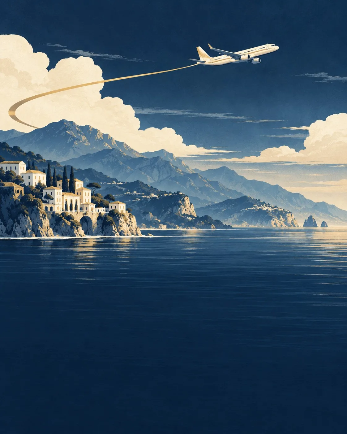 Navy and gold illustration of an airplane above a coastal landscape