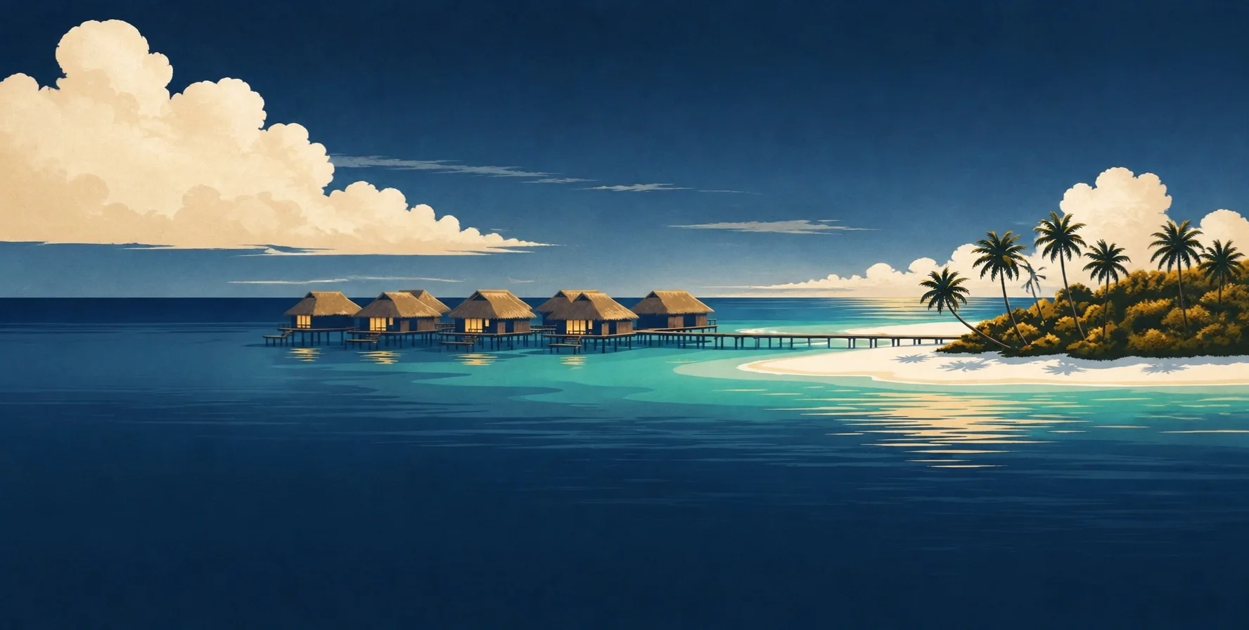 Navy and gold illustration of overwater villas on a jetty in a turquoise lagoon beside a palm island