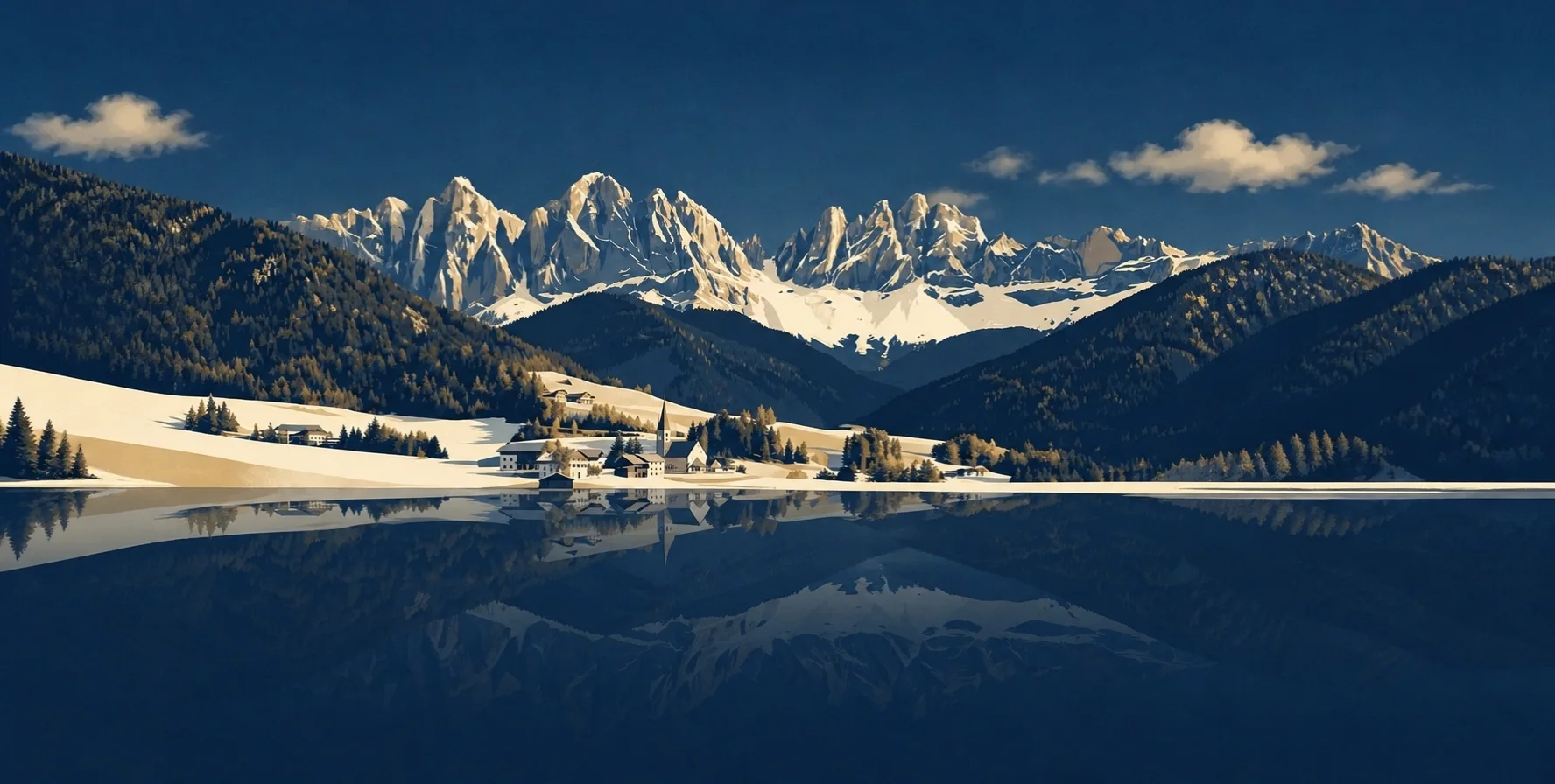 Navy and gold illustration of snowy alpine peaks above a calm lake and a small village