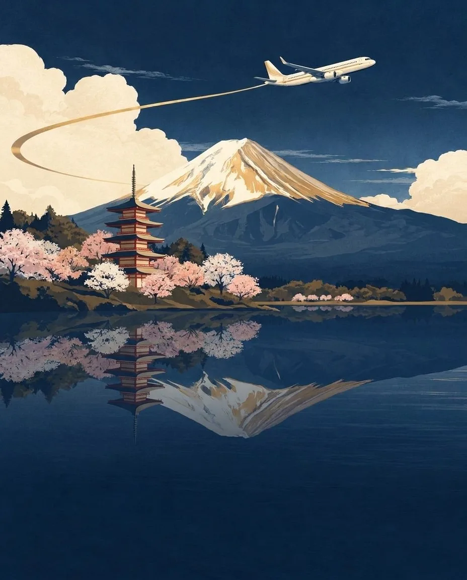 Navy and gold illustration of an airplane above Mount Fuji, a pagoda and cherry blossoms reflected in a lake