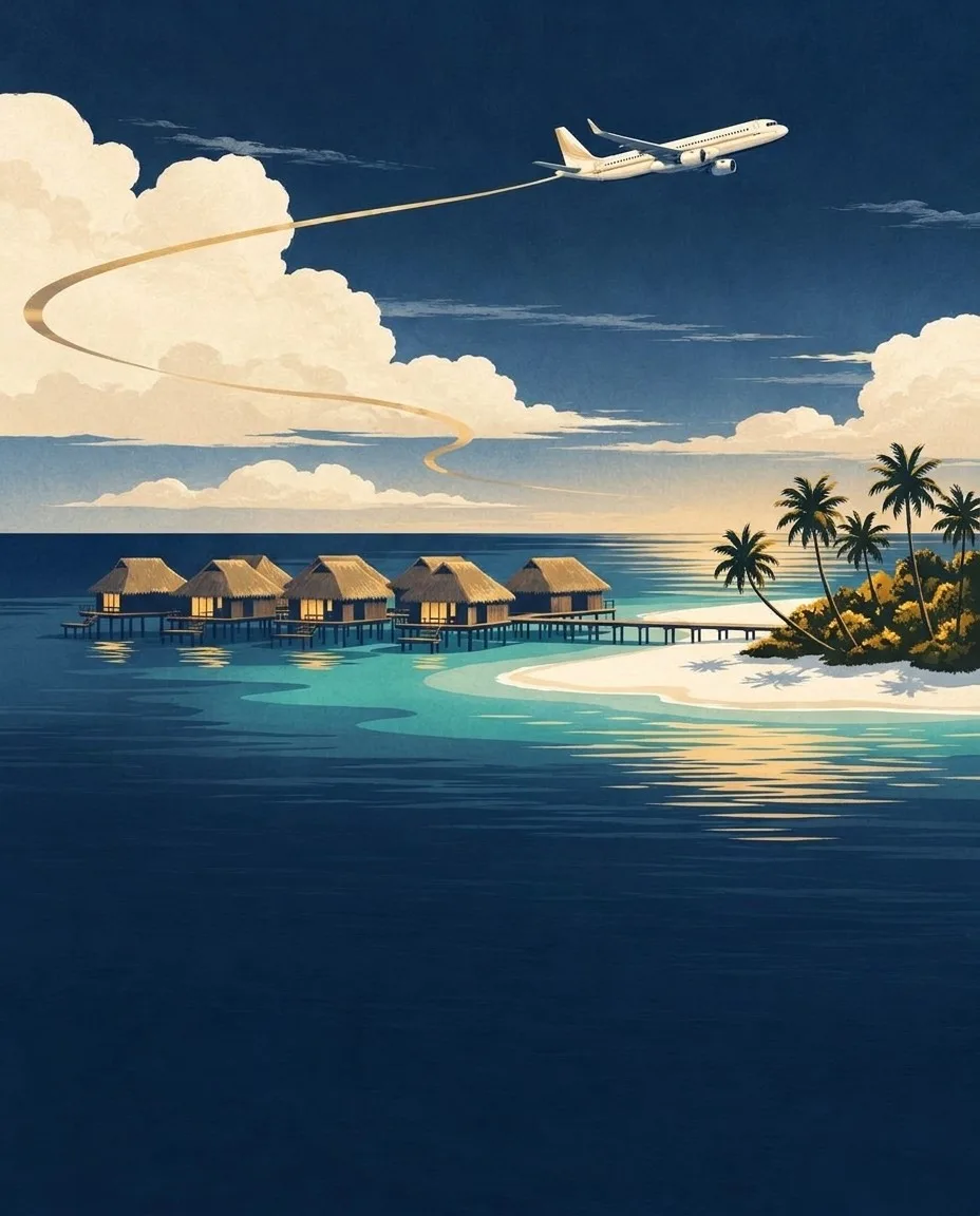 Navy and gold illustration of an airplane above overwater villas in a turquoise lagoon