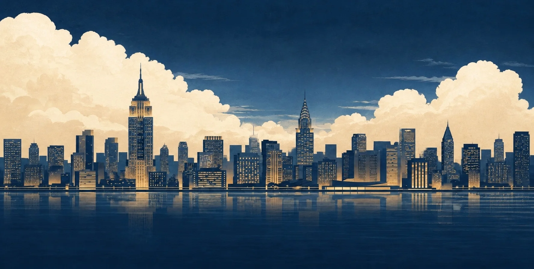 Navy and gold illustration of the New York skyline at dusk with the Empire State and Chrysler buildings
