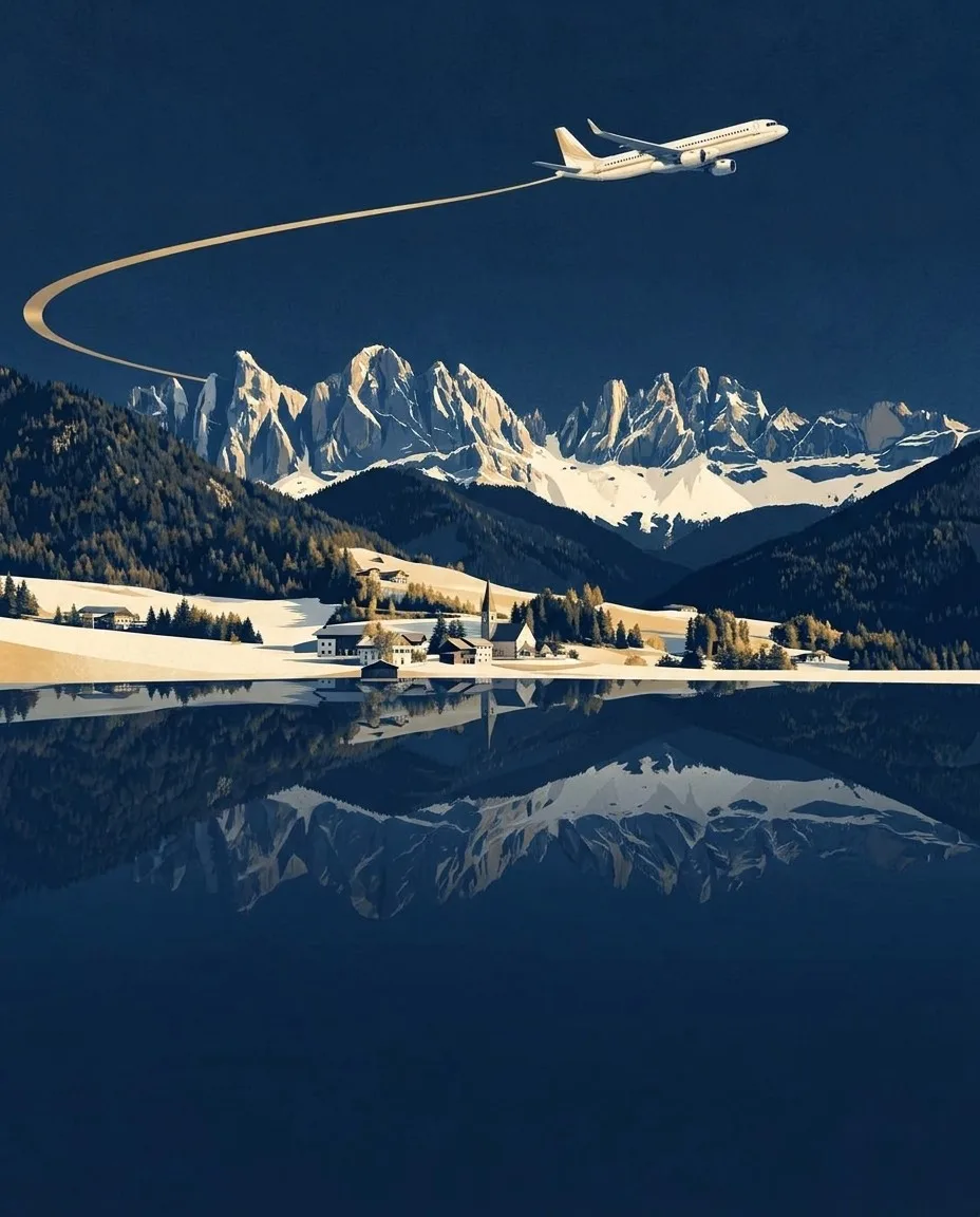 Navy and gold illustration of an airplane above snowy alpine peaks and a lakeside village