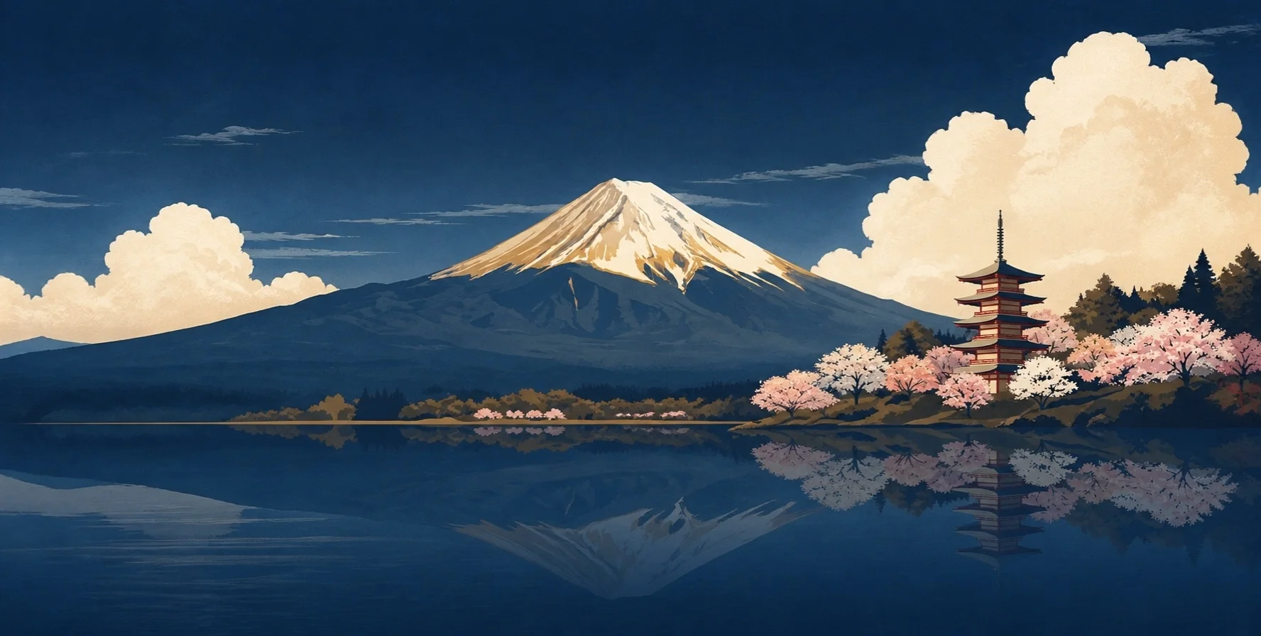 Navy and gold illustration of Mount Fuji with a red pagoda and cherry blossoms by a lake