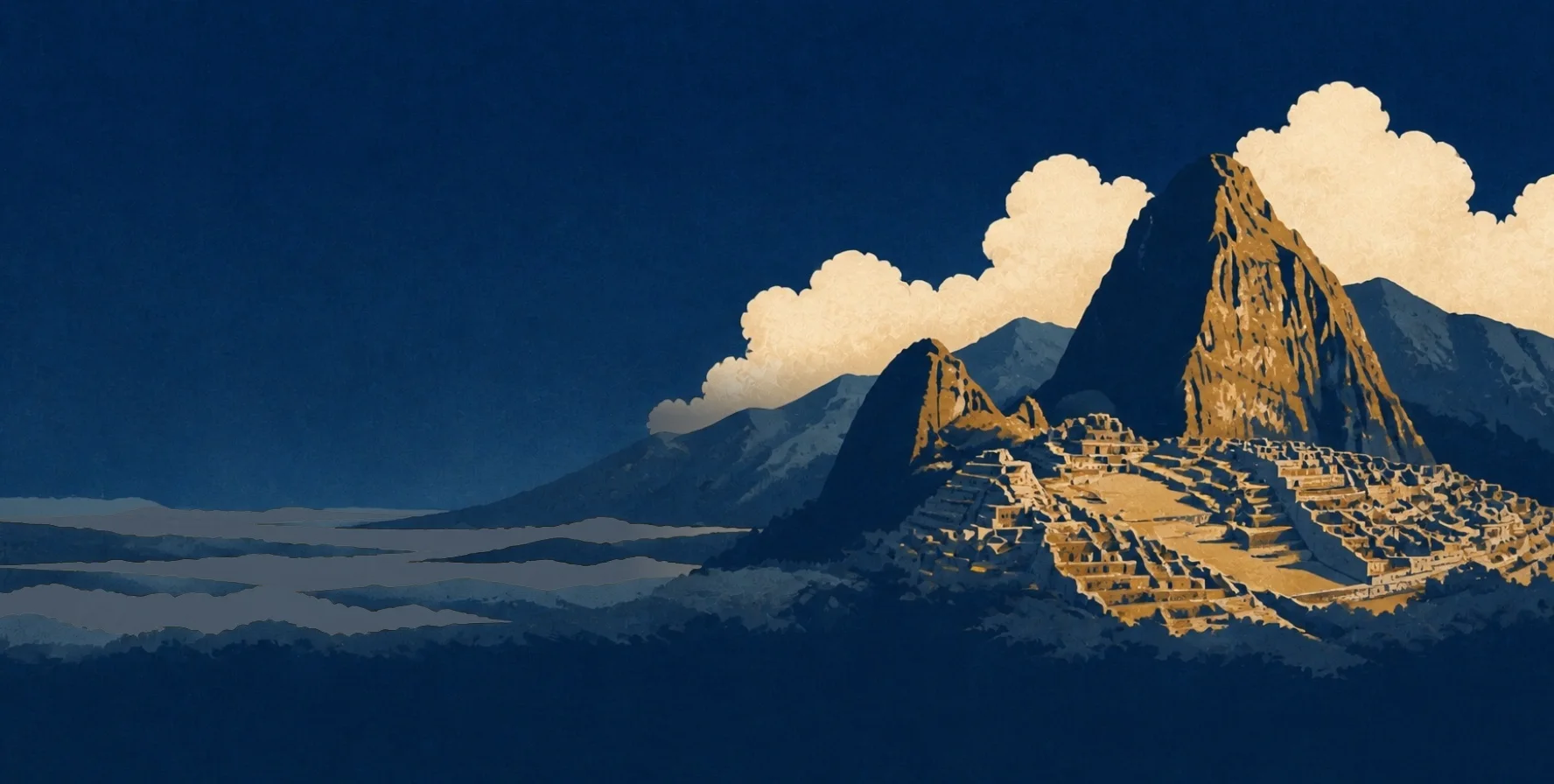 Navy and gold poster illustration of the Machu Picchu terraces and Huayna Picchu peak above bands of mist