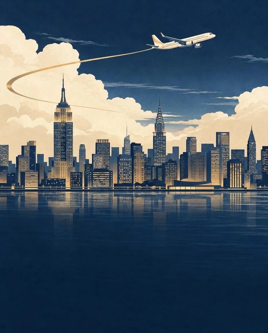 Navy and gold illustration of an airplane above the New York skyline at dusk