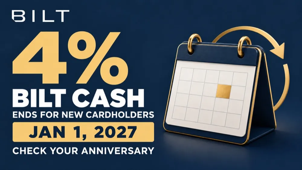 Bilt graphic: 4% Bilt Cash ends for new cardholders on January 1, 2027, beside a navy and gold desk calendar