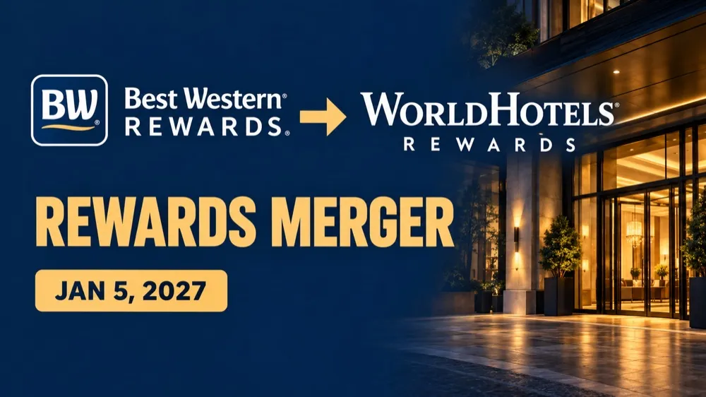 Navy graphic with the Best Western Rewards and WorldHotels Rewards logos, 'Rewards merger, Jan 5, 2027', beside a lit hotel entrance at night