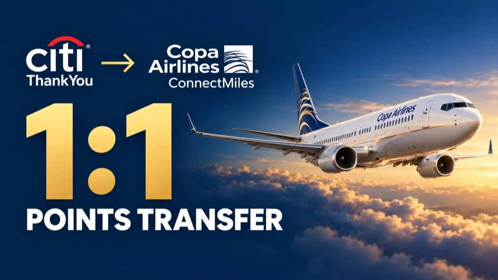 Graphic with the Citi ThankYou and Copa Airlines ConnectMiles logos, '1:1 points transfer' in gold, beside a Copa Airlines jet above sunset clouds