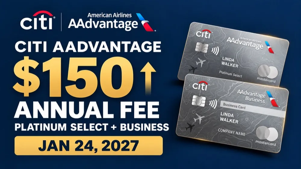 Navy graphic with the Citi and AAdvantage logos, 'Citi AAdvantage $150 annual fee, Platinum Select + Business, Jan 24, 2027', beside two silver Citi AAdvantage cards