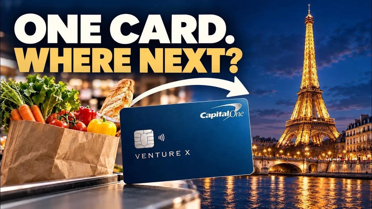 Capital One Venture X card between a grocery bag and the Eiffel Tower at night, under the words One card. Where next?