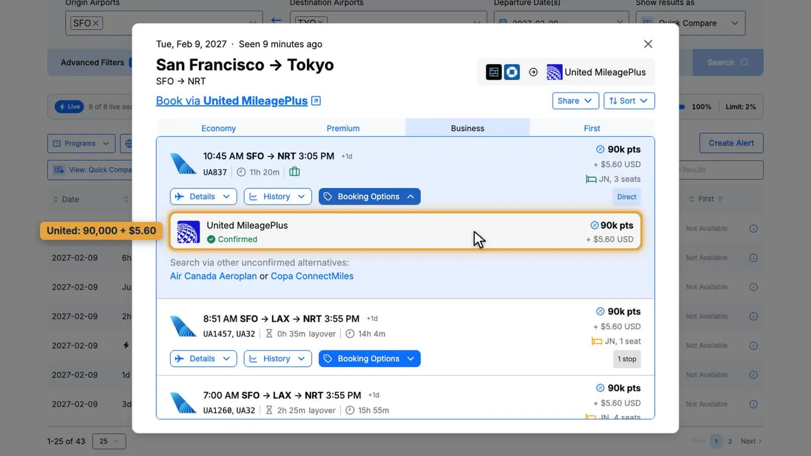 seats.aero booking options for United UA837 showing United MileagePlus confirmed at 90,000 miles plus $5.60