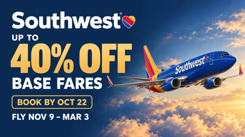 Southwest Takes Up to 40% Off Base Fares Until October 22, for Flights November 9 to March 3