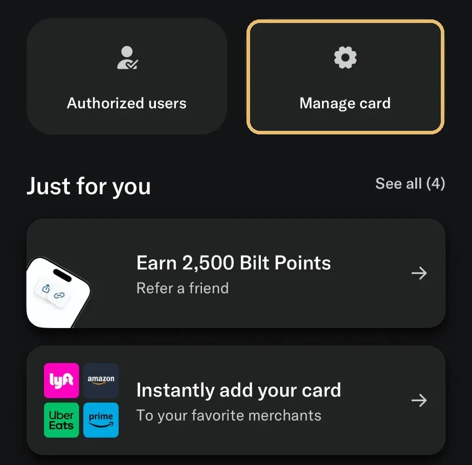 Bilt app card screen with the Manage card button outlined in gold