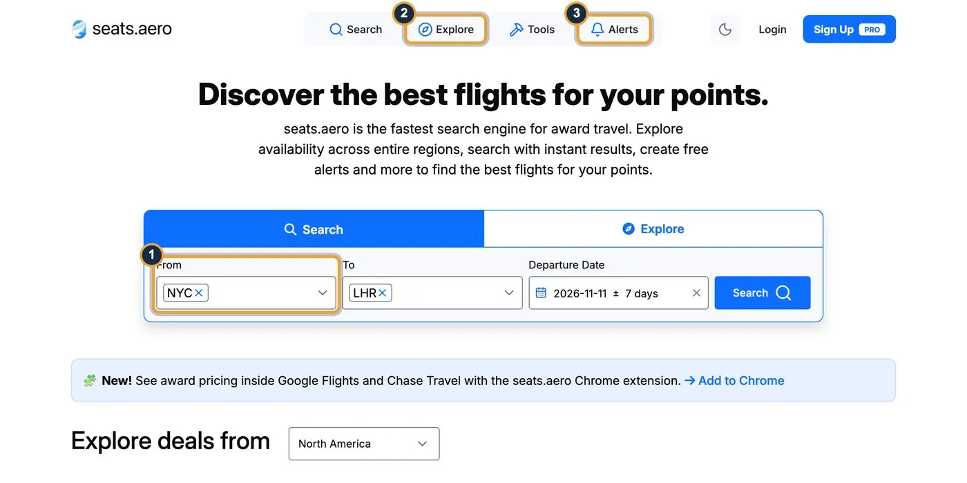 seats.aero homepage with callouts on the search box (1), the Explore tab (2) and the Alerts tab (3)