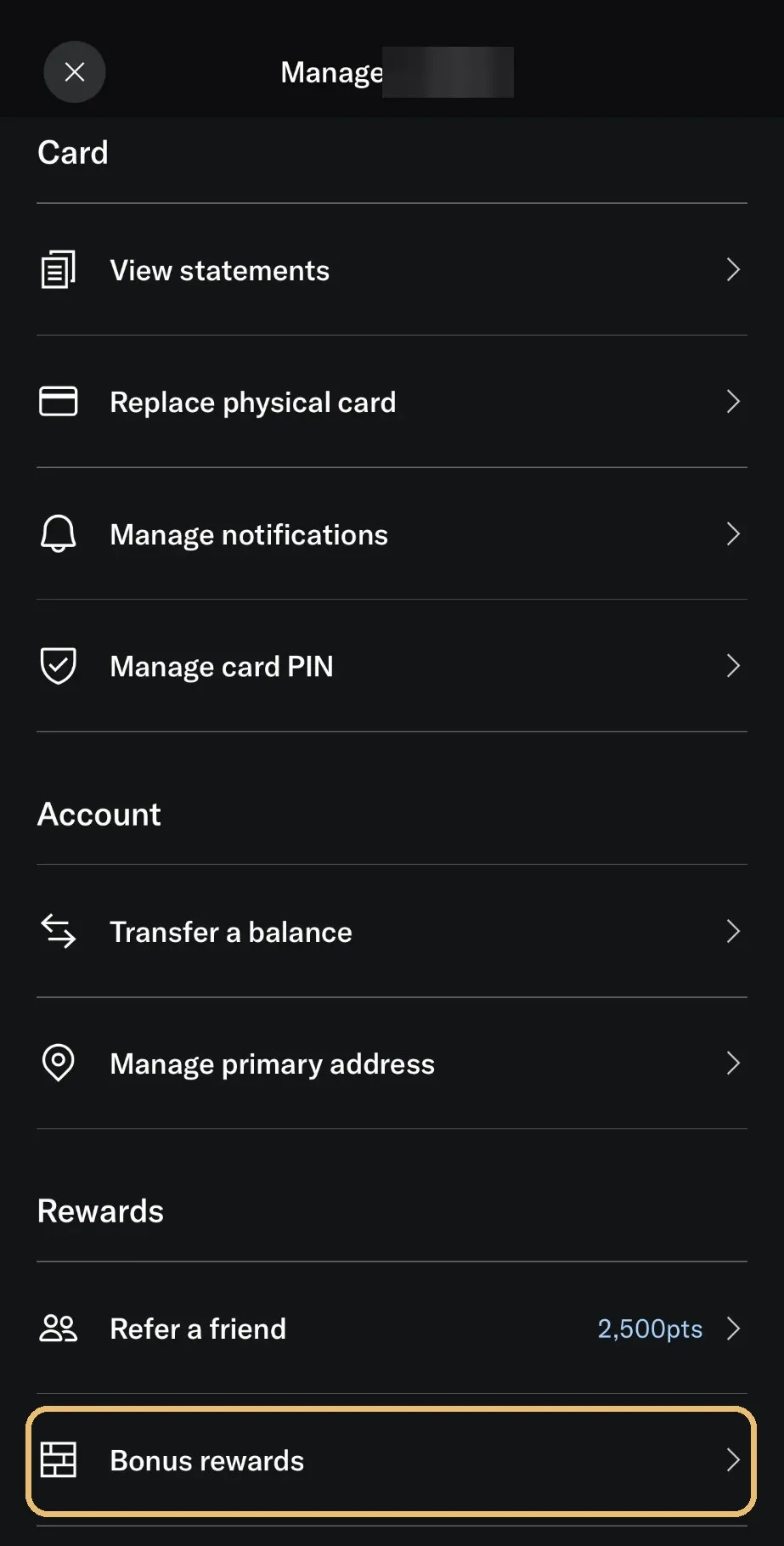 Bilt app Manage card menu with Bonus rewards outlined in gold
