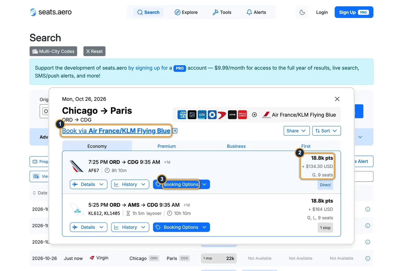seats.aero flight details for Air France flight 67 from Chicago to Paris, with callouts on the Book via Air France/KLM Flying Blue link (1), the price of 18.8k points plus $134.30 and 9 seats (2), and the Booking Options button (3)