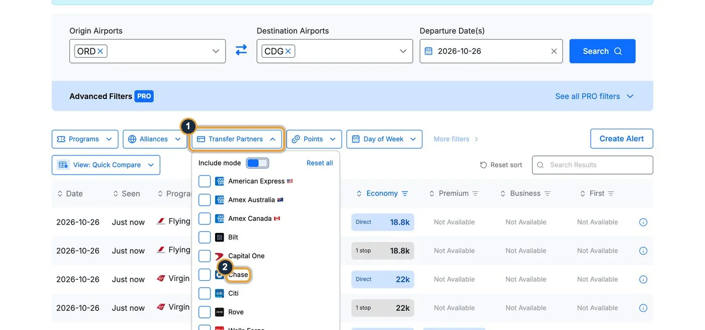seats.aero Transfer Partners filter open, listing American Express, Amex Australia, Amex Canada, Bilt, Capital One, Chase, Citi, Rove and Wells Fargo, with callouts on the filter button (1) and Chase (2)