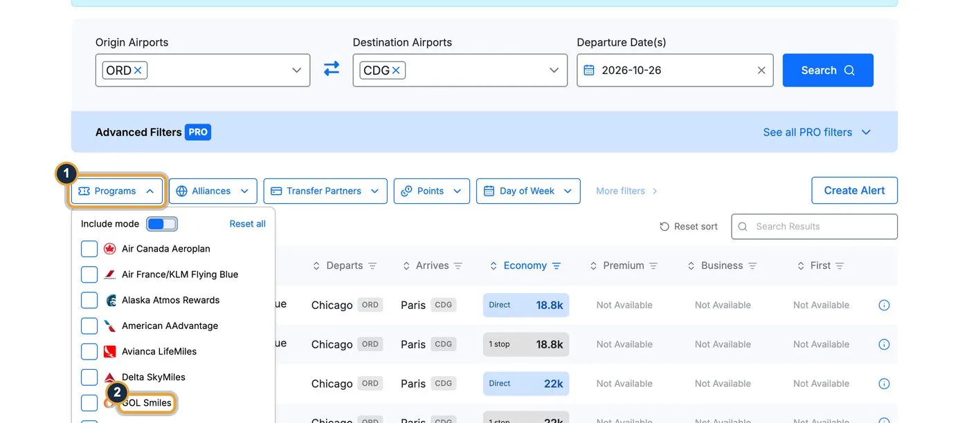 seats.aero Programs filter open with a list of mileage programs, with callouts on the Programs button (1) and GOL Smiles (2)