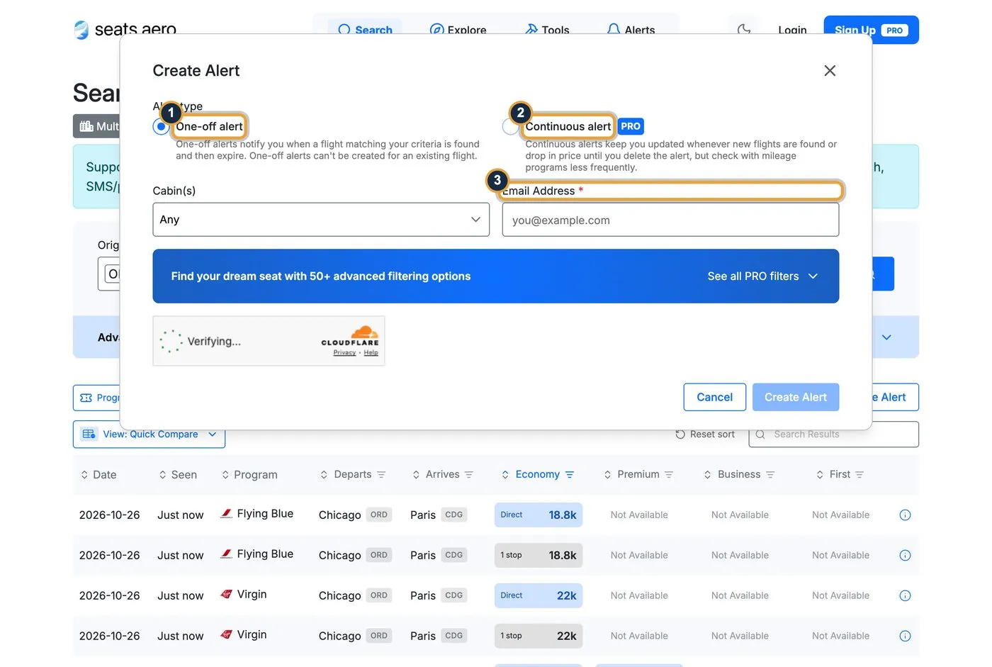 seats.aero Create Alert window with callouts on One-off alert (1), Continuous alert marked PRO (2) and the Email Address field (3)