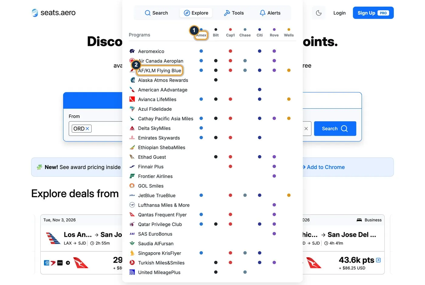 seats.aero Explore menu listing mileage programs with dots under Amex, Bilt, Capital One, Chase, Citi, Rove and Wells Fargo, with callouts on the bank columns (1) and AF/KLM Flying Blue (2)