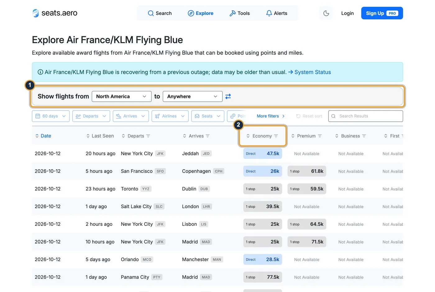 seats.aero Explore page for Air France/KLM Flying Blue with callouts on the Show flights from North America to Anywhere picker (1) and the Economy column (2)