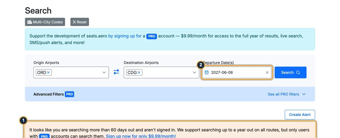 seats.aero search for June 6, 2027 showing a message that free users can’t search more than 60 days out, with callouts on the message (1) and the date (2)