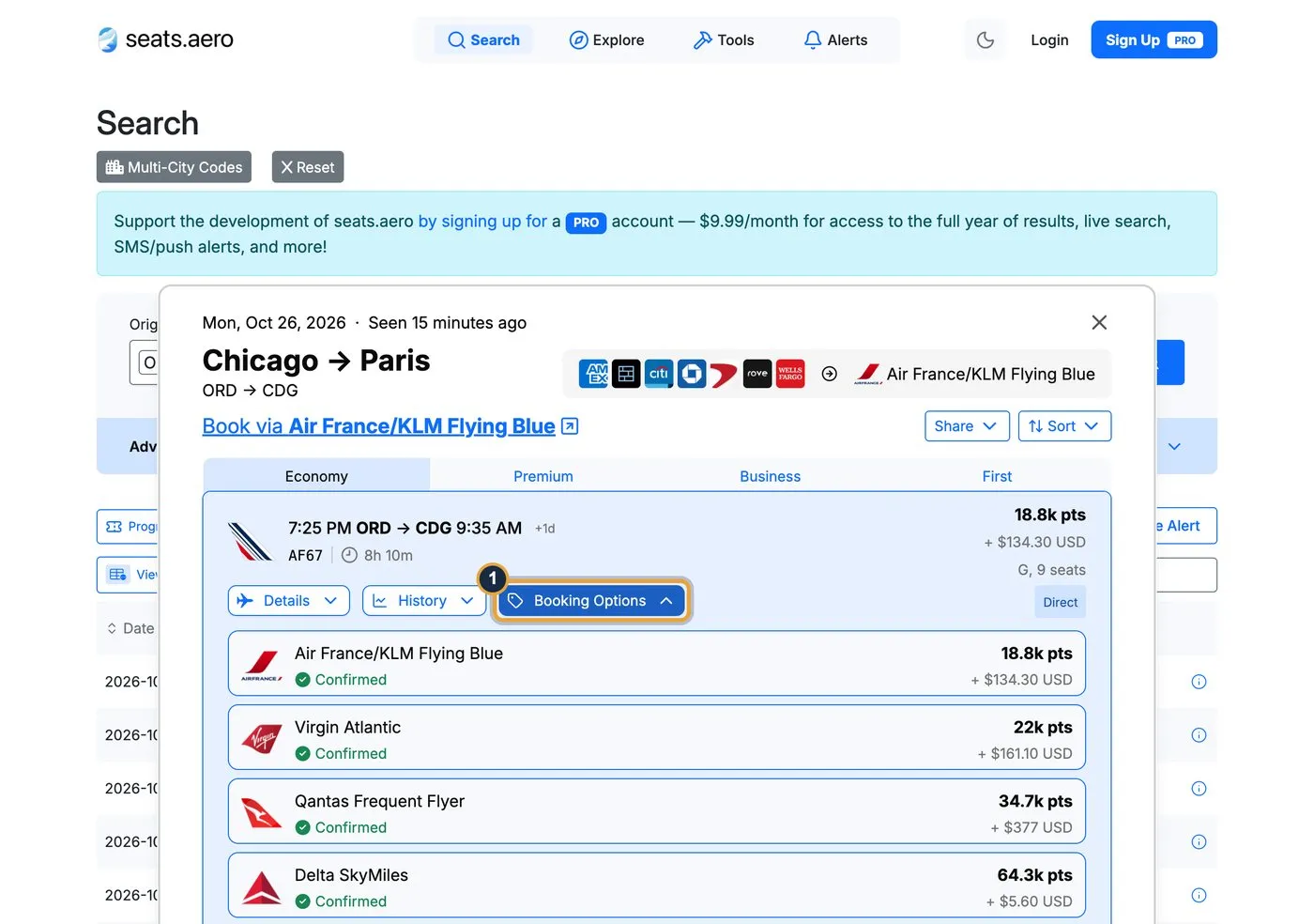 seats.aero Booking Options for Air France flight 67, listing Air France/KLM Flying Blue at 18.8k points plus $134.30, Virgin Atlantic at 22k plus $161.10, Qantas at 34.7k plus $377 and Delta SkyMiles at 64.3k plus $5.60, all marked Confirmed